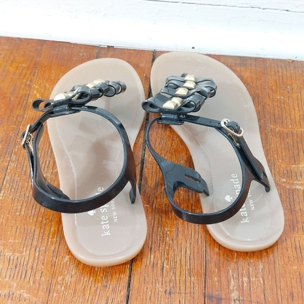 Kate Spade Black Ladder Bow Gold Studded Jelly Sandals Size 6 - Picture 3 of 8